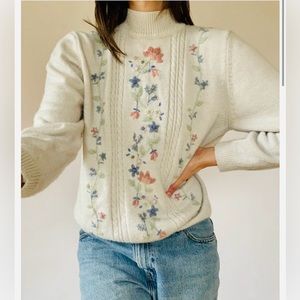 Vintage Pastels Cream Embroidered Cable Knit Grandmacore Shabby Chic Sweater